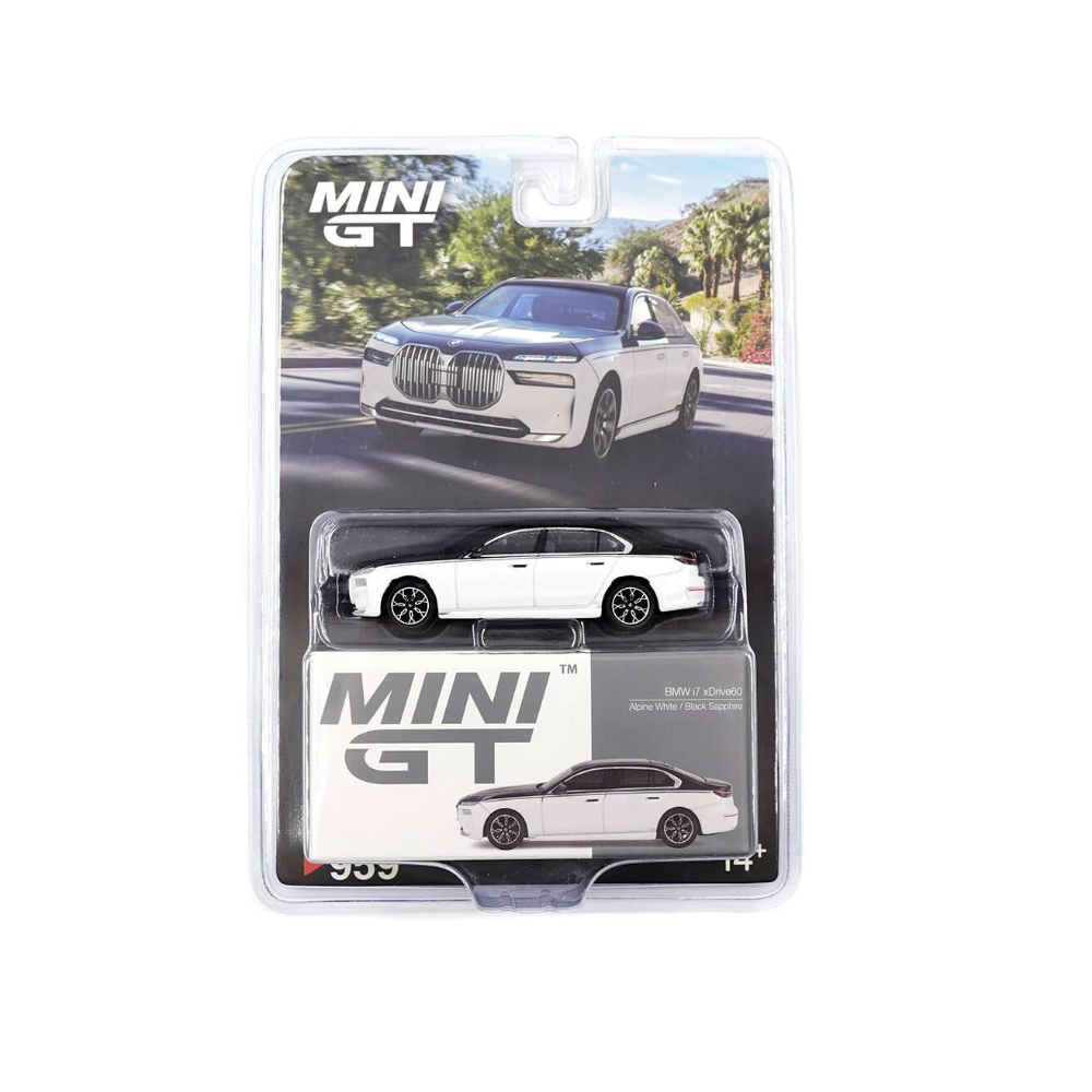 Mini GT 1/64 BMW i7 xDrive60 Alpine White / Black Sapphire - 959 Blister Paket