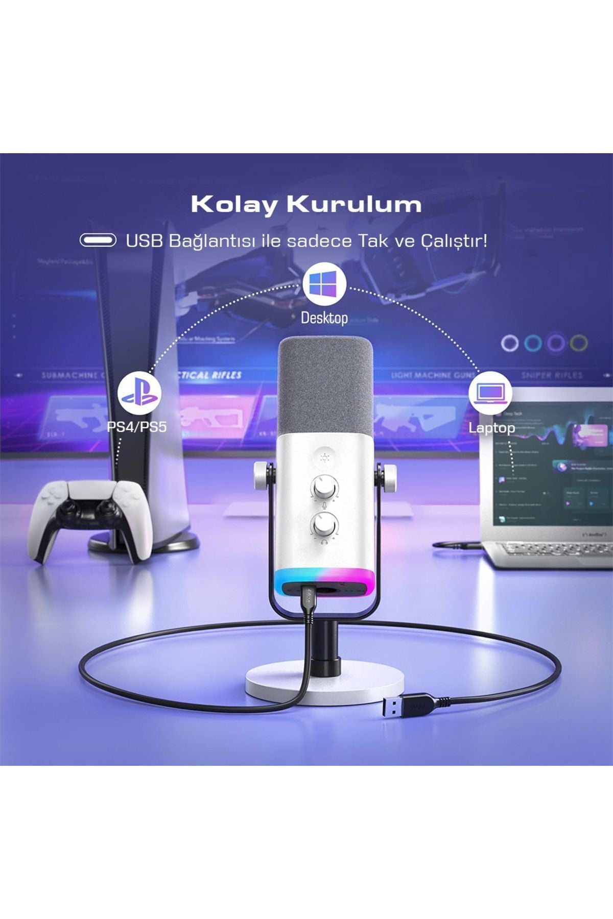 AM8-W FIFINE XLR/USB RGB DINAMIK MIKROFON BEYAZ