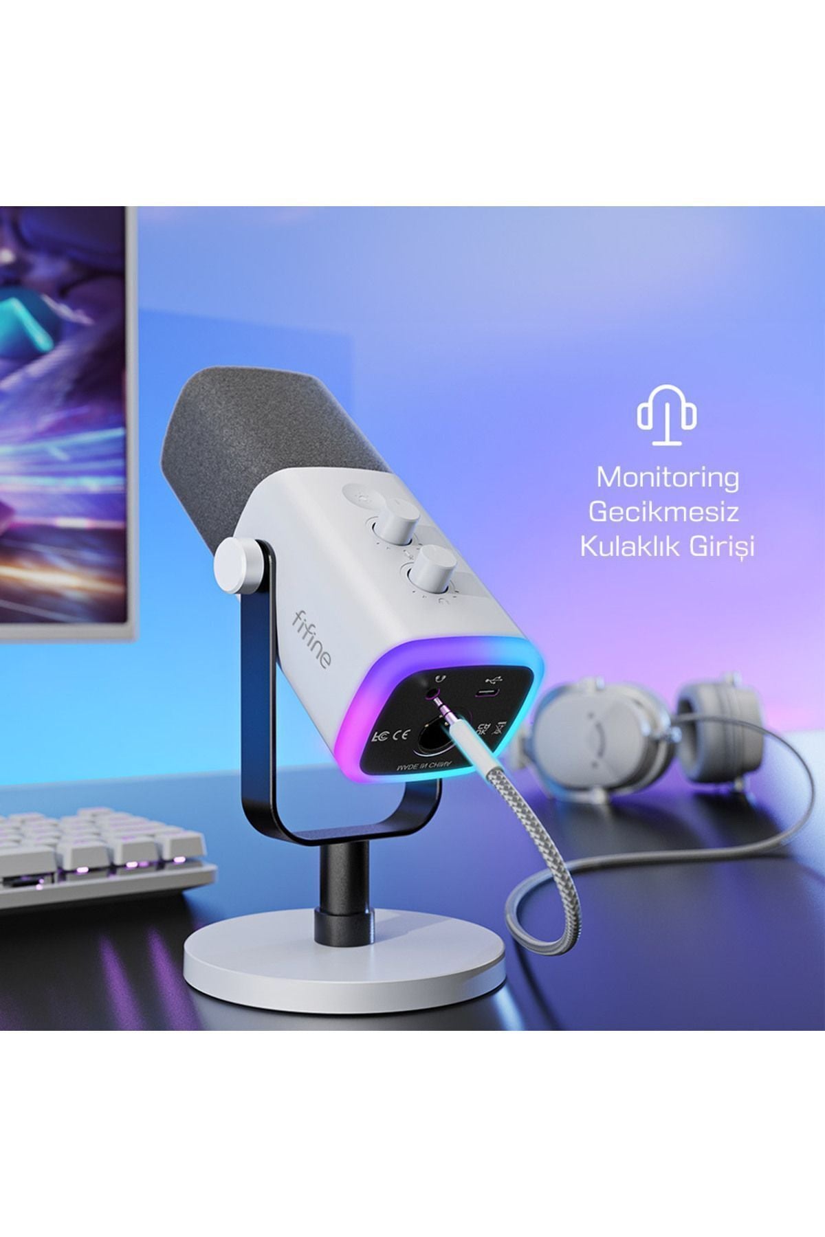 Fifine AM8-W XLR/USB RGB Dinamik Mikrofon - Beyaz