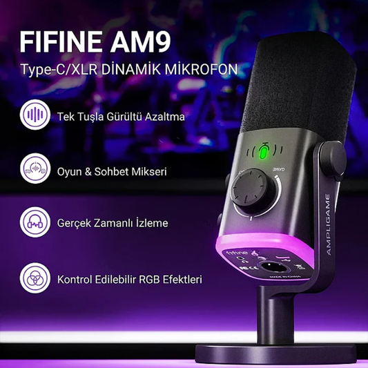 Fifine Ampligame AM9 Hibrit XLR/USB RGB Dinamik Mikrofon