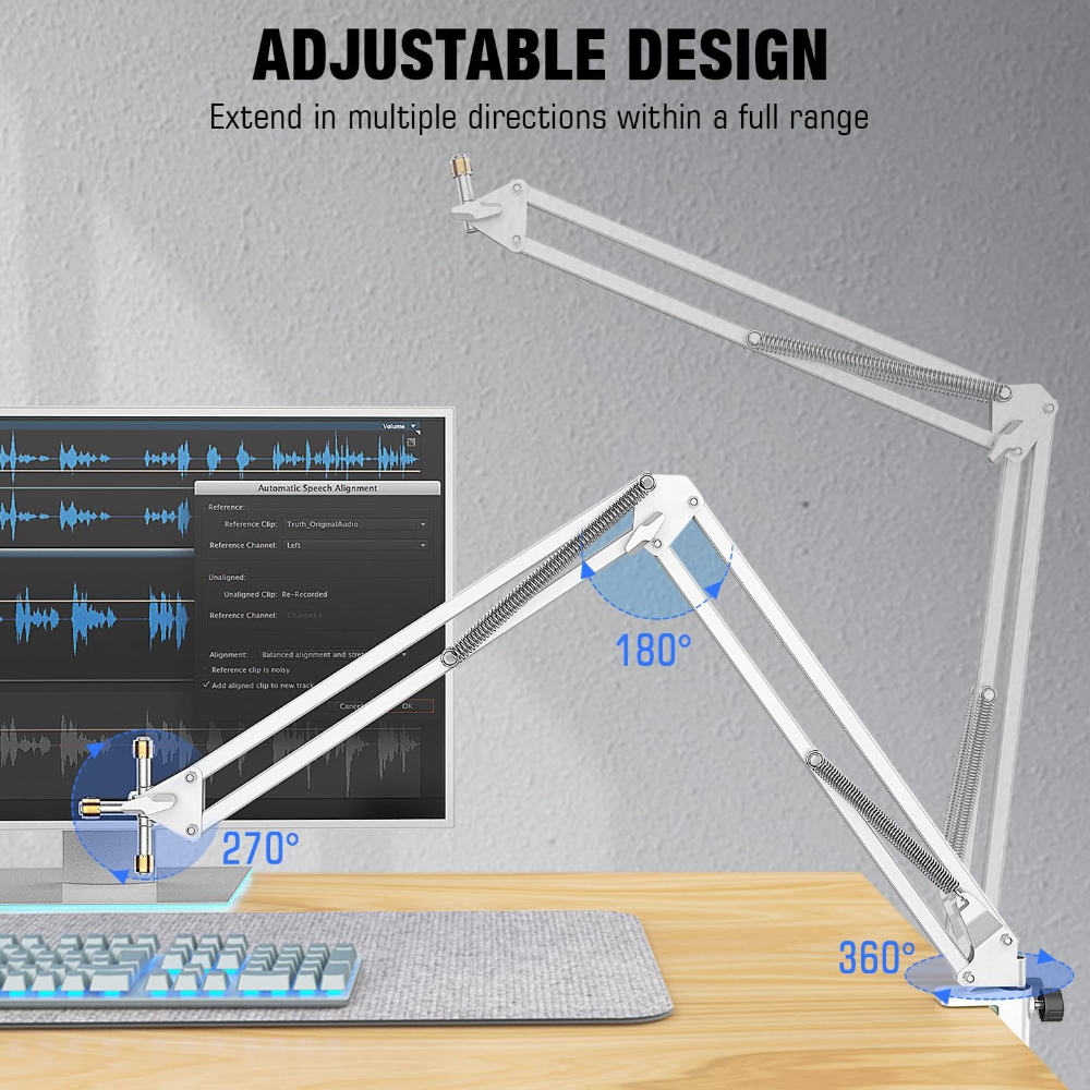 Fifine CS1-W Beyaz Masa Tipi Boom Stand Profesyonel Mikrofon Standı Dayanıklı, Stabil ve Şık Tasarım