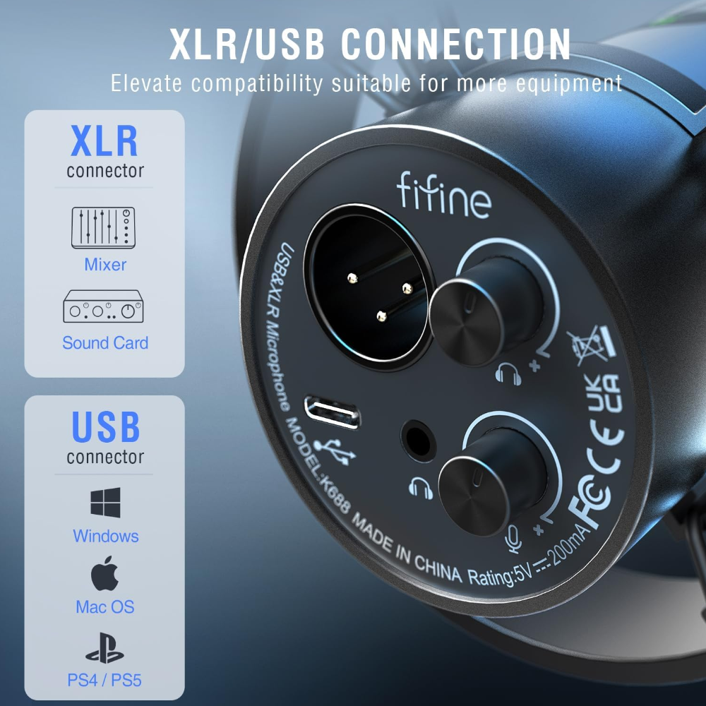 Fifine K688 USB & XLR Dinamik Mikrofon + Fifine BM63 Boom Arm Stand Seti k688T