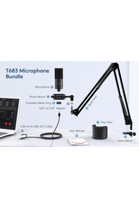 Fifine T683 USB Condenser Mikrofon - Eksiksiz Kayıt Seti (Boom Kol + Pop Filtre)