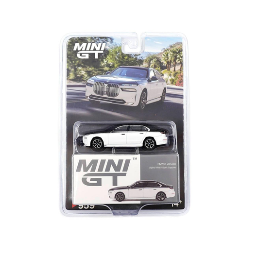 Mini GT 1/64 BMW i7 xDrive60 Alpine White / Black Sapphire - 959 Blister Paket