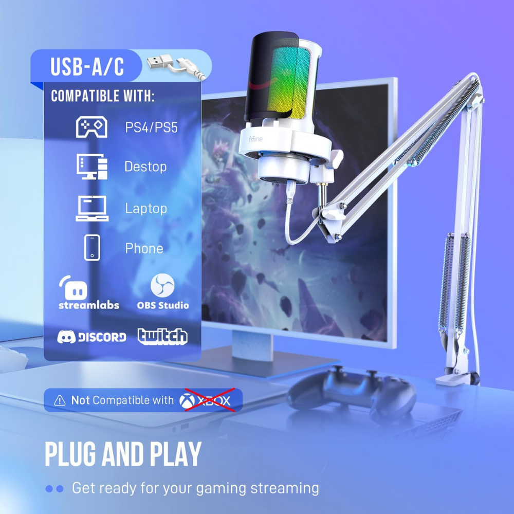 A8T- Fifine Ampligame USB Yayıncı Bilgisayar Mikrofonu Beyaz
