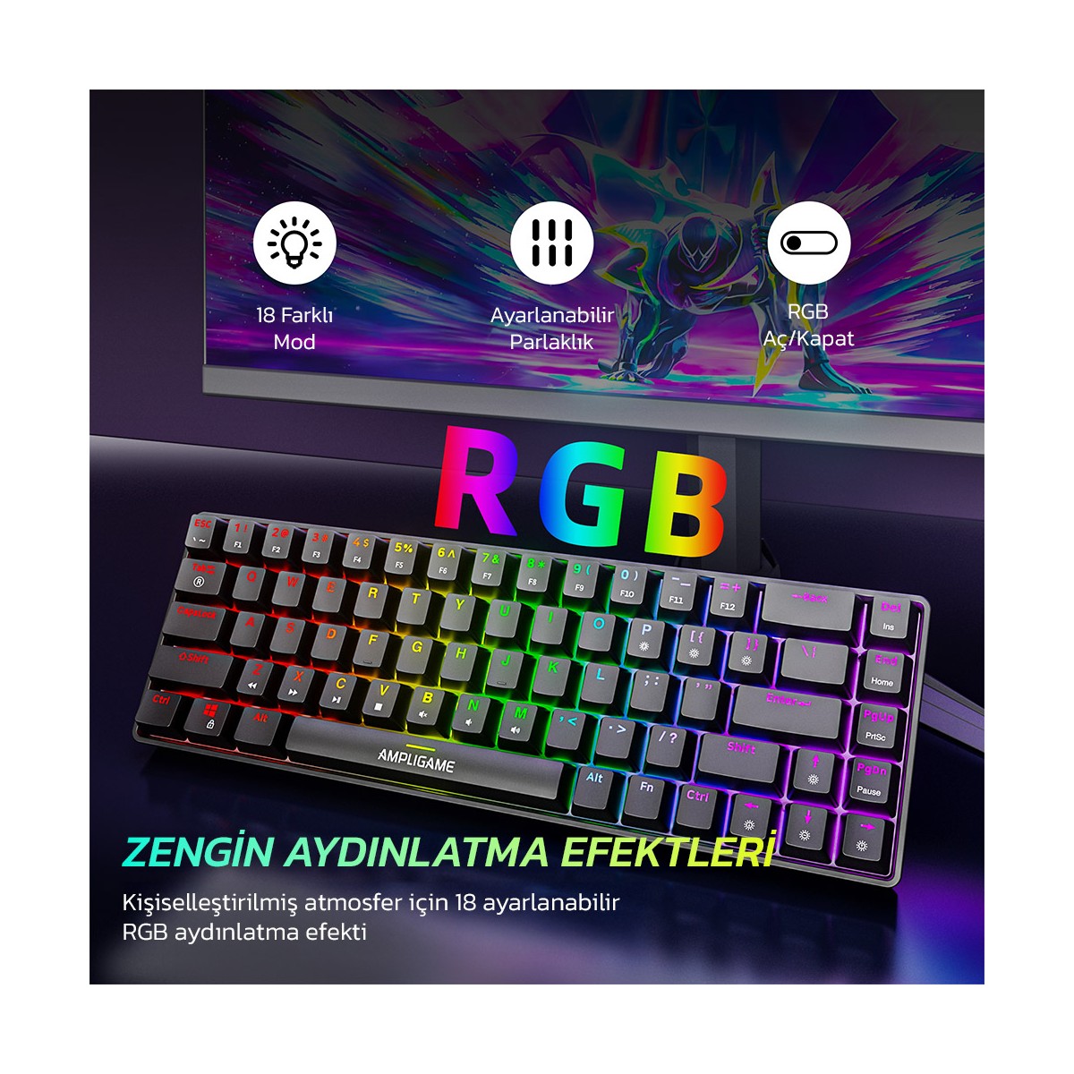 Ampligame Gk1 Rgb Red Switch Mekanik Klavye