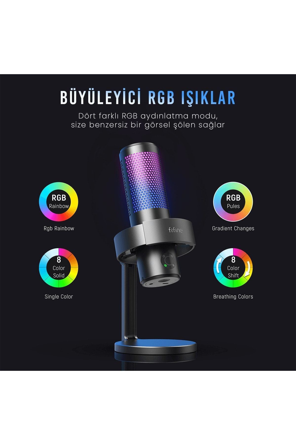 Fifine A9 RGB USB Oyuncu Yayıncı Bilgisayar Mikrofonu - Siyah