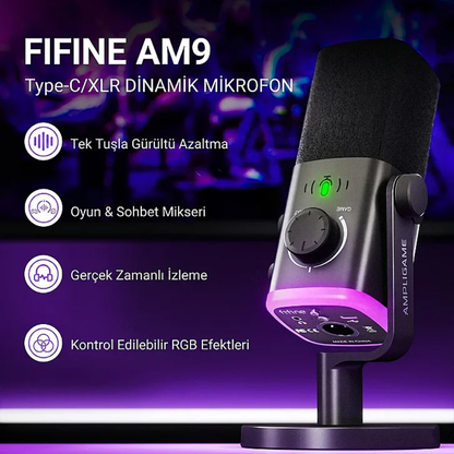 Fifine Ampligame AM9 Hibrit XLR/USB RGB Dinamik Mikrofon