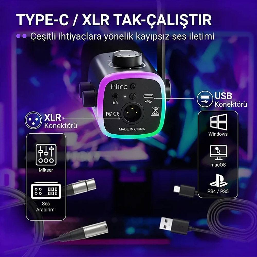 Fifine Ampligame AM9 Hibrit XLR/USB RGB Dinamik Mikrofon