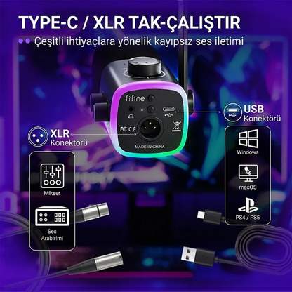 Fifine Ampligame AM9 Hibrit XLR/USB RGB Dinamik Mikrofon