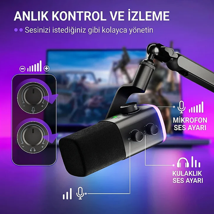 Fifine Ampligame AM9 Hibrit XLR/USB RGB Dinamik Mikrofon