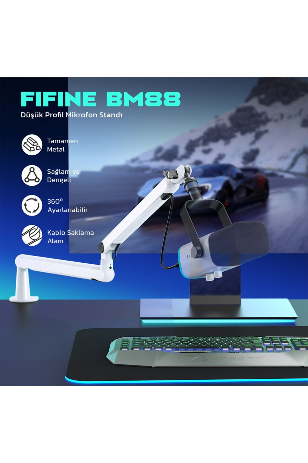 BM88W- Fifine Düşük Profil Beyaz Mikrofon Stand