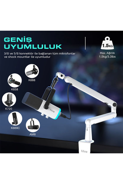 BM88W- Fifine Düşük Profil Beyaz Mikrofon Stand