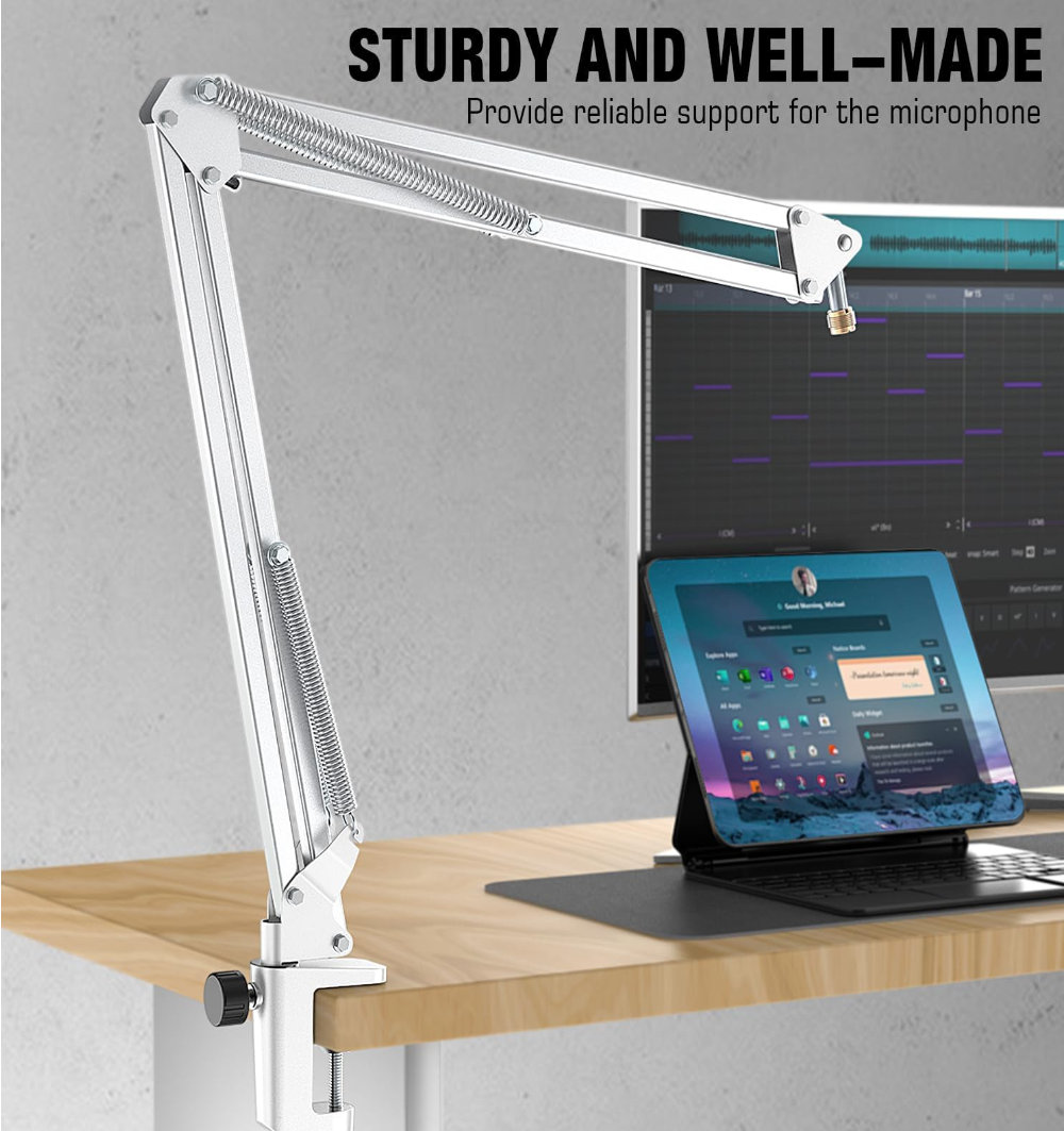 Fifine CS1-W Beyaz Masa Tipi Boom Stand Profesyonel Mikrofon Standı Dayanıklı, Stabil ve Şık Tasarım