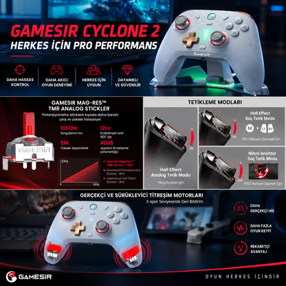 GameSir Cyclone 2 Beyaz Kablosuz Gamepad – TMR Sticks & Hall Effect Trigger, PC / Switch / Android / iOS